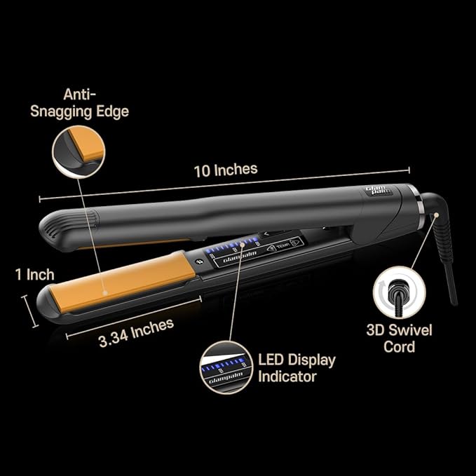 GLAMPALM Hair Straightener 1" Ceramic Flat Iron Infused with Vita C, Korea's No.1 Professional Salon Tool with 3D Swivel Cord & Dual Voltage,11 Heat Settings(220°–450°), 25s Fast Heat-Up (GP201)