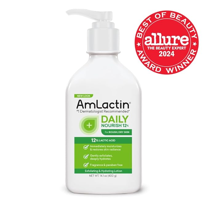 AmLactin Daily Nourish Therapeutic Body Lotion for Dry Skin - No-Scrub Exfoliator and Moisturizer 12% Lactic Acid Lotion, 14.1 oz (Packaging May Vary) (Pack of 2)