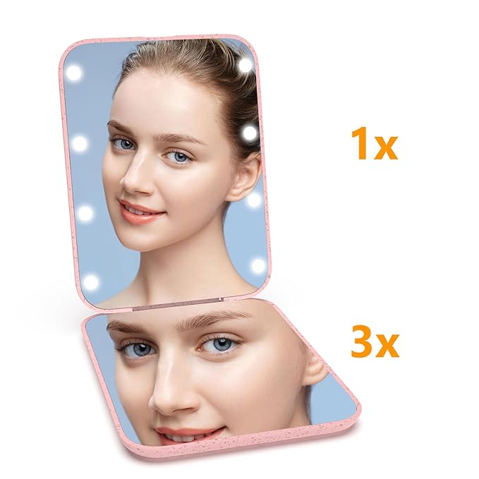 Kintion Wheat Straw Pocket Mirror, 1X/3X Magnification Travel Mirror for Purse, Folding Handheld Mirror, Small Lighted Compact Mirror for Gift, Pink