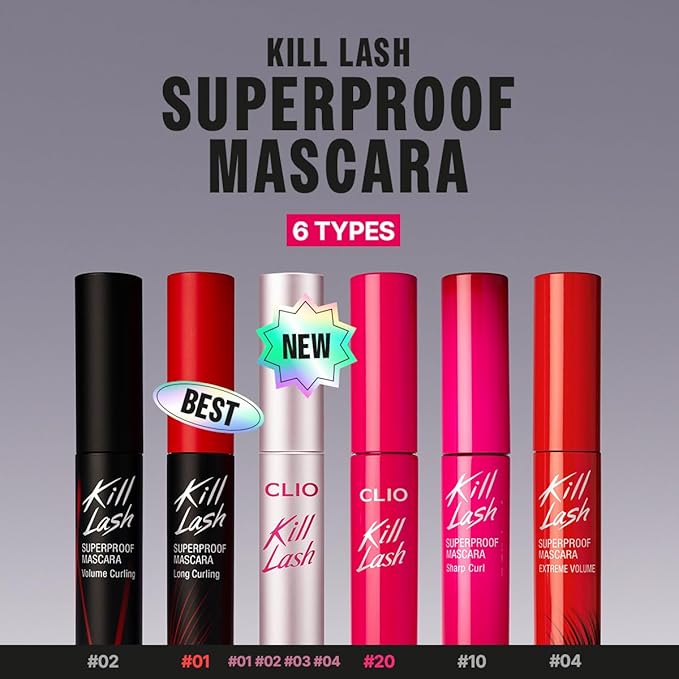 CLIO Kill Lash Superproof Mascara, Waterproof Mascara Black, Volumizing for Natural Curling Eyelash, Long-Lasting, Clump & Smudge-Free, for Sensitive Eyes, Korean Makeup Beauty (002 Volume Curling)