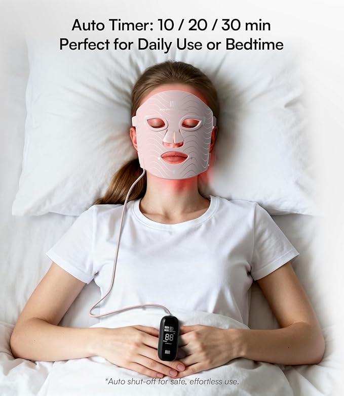 INIA Red Light Therapy Mask for Face – 4 Light Modes with 850nm NIR, Red & Blue LED Light Therapy, 2600mAh Rechargeable LED Face Mask for Radiant Glow at Home, Pink