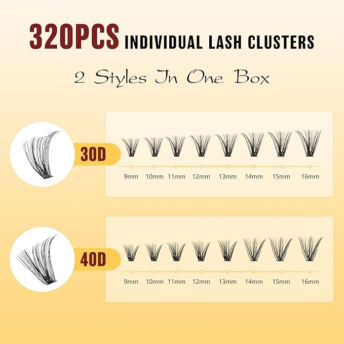 QUEWEL Lash Clusters Kit, 320 Pcs 30D+40D Lash Cluster Eyelash Extensions 9-16mm Lash Clusters Wispy Kit with Eyelash Clusters Bond and Seal Glue Remover Tweezers (30D+40D Kit)