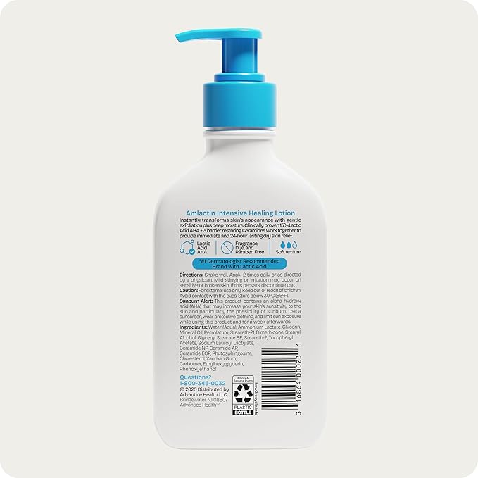 AmLactin Intensive Healing Body Lotion - Therapeutic Lotion for Extremely Dry Skin - No-Scrub Exfoliator with 15% Lactic Acid AHA and Ceramides, 7.9 oz (Pack of 2) (Packaging May Vary)