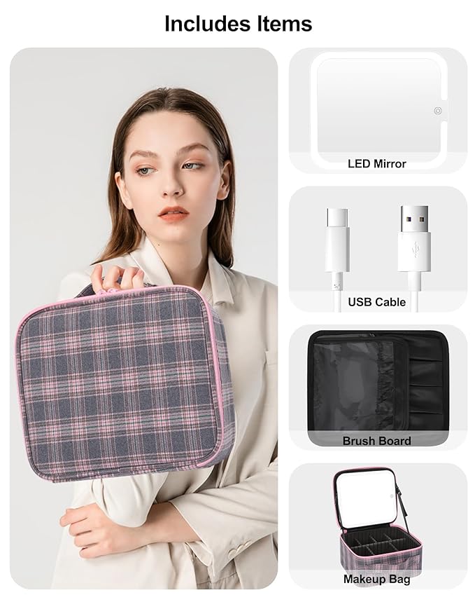 Relavel Travel Makeup Bag With LED Mirror, Portable Cosmetic Organizer Bag with Adjustable Brightness in 3 Color Scenarios, Small Train Case with Detachable Dividers for Trip- Grey Strip