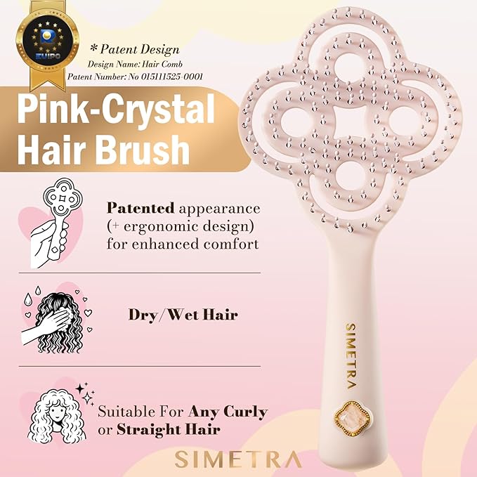Simetra Detangler Hair Brush for Women and Men, Original Detangling Brush for Curly Hair/Fine &Thick/Wet & Dry Hair, Holiday Present Hairbrush - Natural Crystal Inlay & 14K Gold Plating