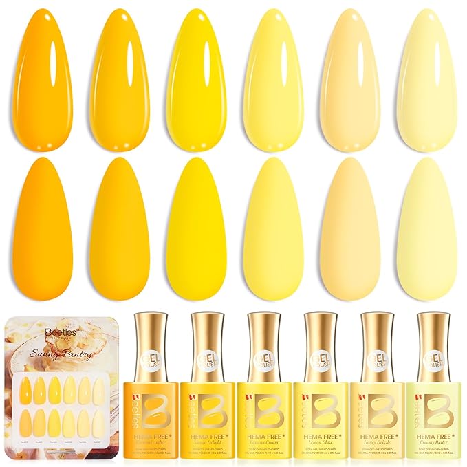 Beetles Yellow Gel Nail Polish Set - Sunny Pantry with Color Card, 6Colors HEMA FREE Yellow Gel Nail Polish Set 15ML/0.51FlOz, Same Color Bottle, Long-Lasting Soak Off UV Lamp Summer Spring Nails Art