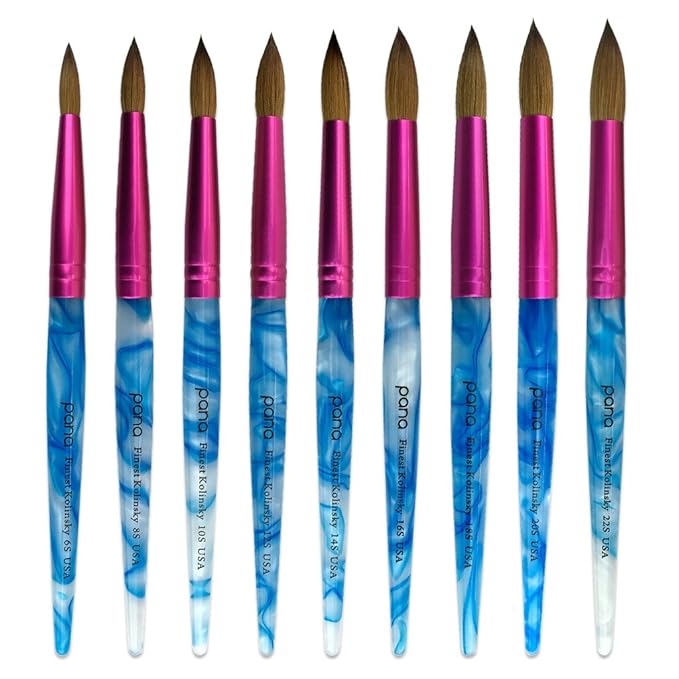 PANA USA Acrylic Nail Brush Pure Kolinsky Hair Acrylic White Swirl Blue Handle with Pink Ferrule Round Shaped - Size 18