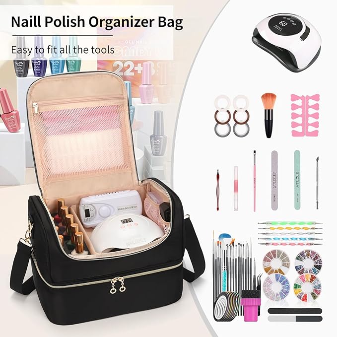 CUBETASTIC Nail Polish Organizer, Portable Nail Polish Storage Case Holds 45 Bottles Nail Polish & Nail Lamp, Travel Nail Supplies Organizer for Nail Tech Kit & Manicure Tools