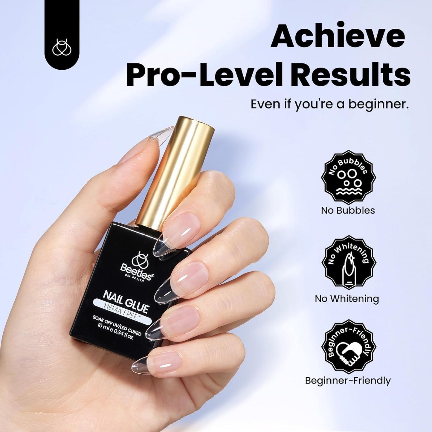 Beetles Hema-Free Nail Glue Gel - 10ml Super Strong Brush U V Nail Glue for Acrylic and Clear Press On Nails, Long Lasting Extension Gel Curing Needed