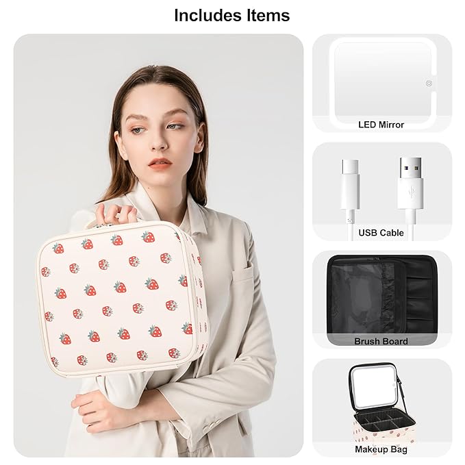 Relavel Travel Makeup Bag with LED Mirror, Portable Cosmetic Train Case with 3 Color Lighted Brightness Mirror, Makeup Artist Organizer Storage with Adjustable Dividers Make Up Box - White Strawberry