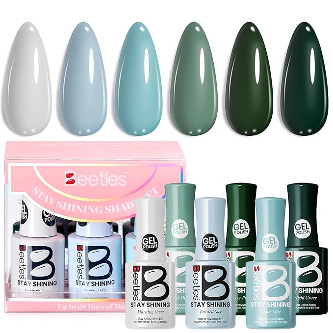 beetles Green Gel Polish Set - Stay Shining Urban Oasis Shades, 6 Colors Dark Green Blue Grey Colors Polish Soak Off Uv Gel Polish DIY Salon-Quality at Home Gift for Women