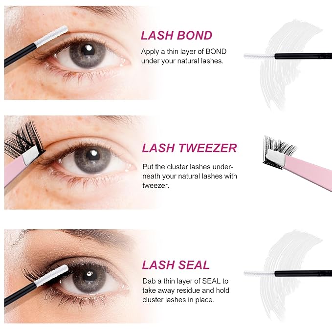 FADLASH Eyelash Extension Kit Lash Clusters Mix Tray Thin Band DIY Lash Extension Kit with Lash Bond and Seal Lash Tweezers Eyelash Applicator Tool Individual Lashes(F2-0.07D-15-20mm Kit)