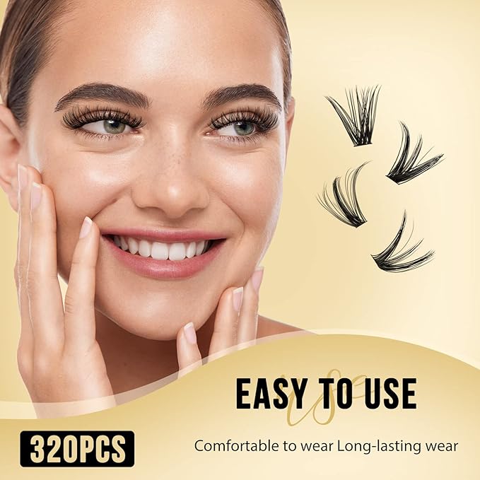 QUEWEL Lash Clusters 320Pcs Cluster Lashes 40D+50D D Curl Lash Cluster Eyelash Extensions Mix9-16mm Individual Eyelashes Clusters Wispy Lash Clusters Thin Band Soft to Use at Home(40D+50D D Mix9-16)