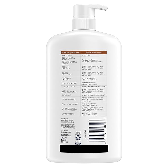 Ivory Body Wash, Designed for the Whole Family, Gentle Formula, Free of Dyes Heavy Perfumes Parabens Phthalates & Silicones, Coconut Scent, 35 oz