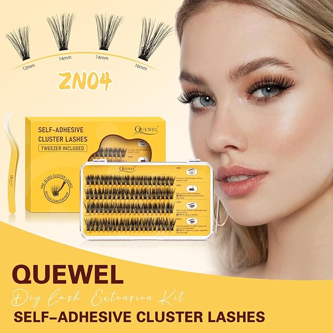 QUEWEL Self Adhesive Eyelashes Natural Look, No Glue Needed Lash Clusters with Eyelash Clusters Tweezer, 80 Pcs Reusable Lashes Self Adhesive for Beginners, DIY Lash Extensions for Home Use(ZN-04)