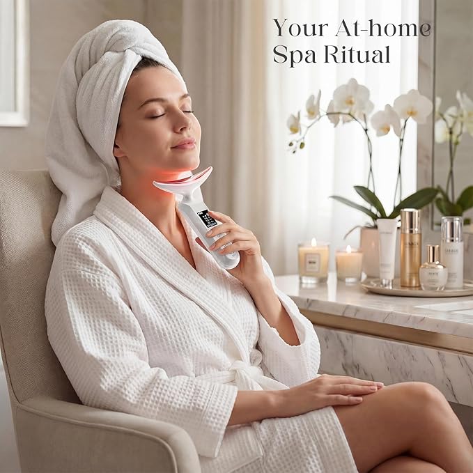 Face Massager with Led Light: 9-Color Facial Device - Neck Wrinkles Tightening Wand - Vibration Tool for Skin Care, White