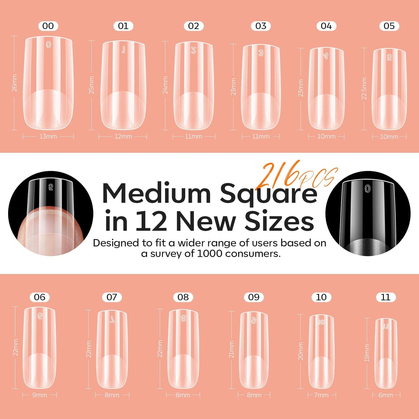 modelones Medium Square Gel Nail Tips Kit, 9-in-One Nail Glue with Portable U V Lamp 216Pcs 12Sizes Pre-Etched Press ons Fake Acrylic Extension Kit DIY Salon Gift for Women