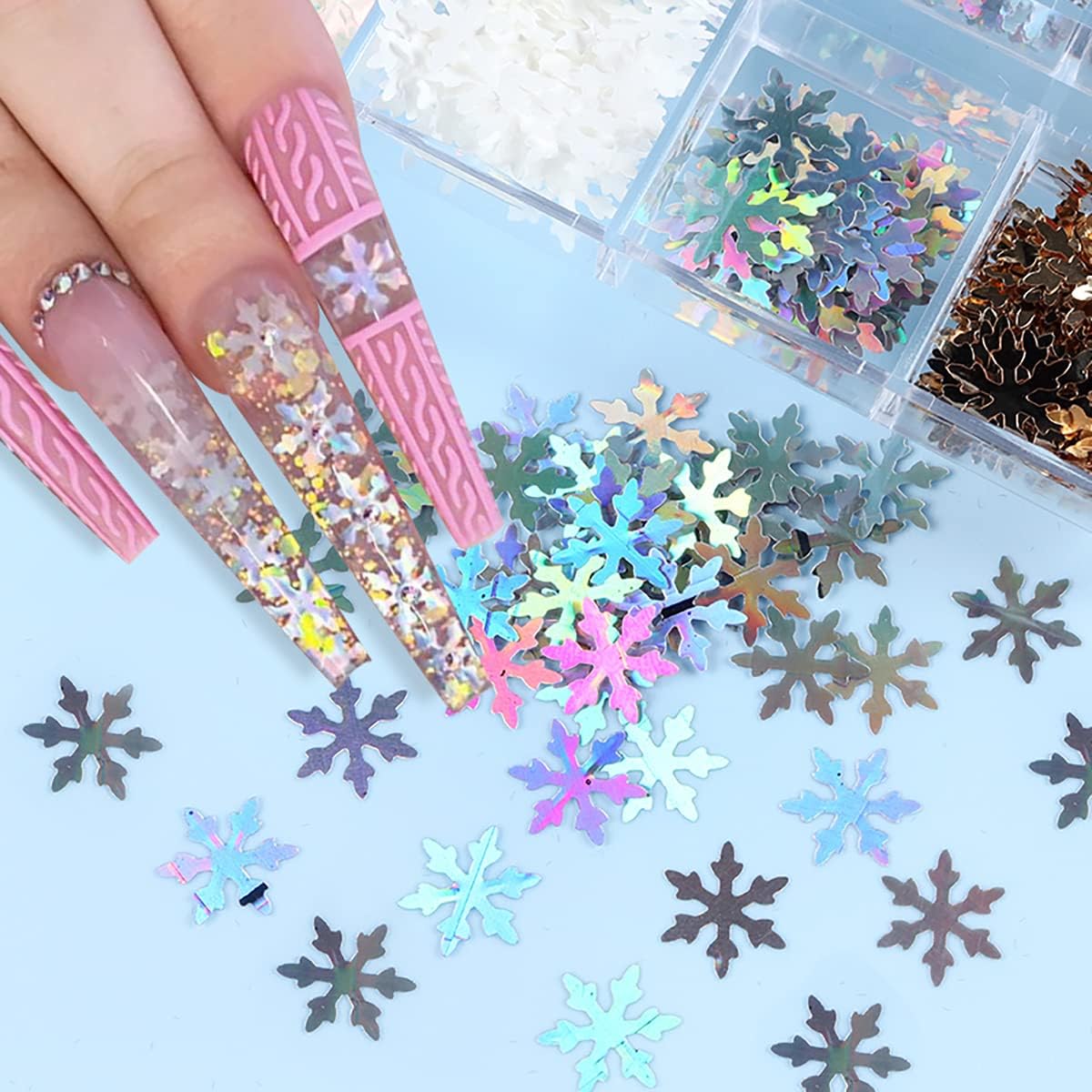 6 Grids Snowflake Nail Art Stickers Decals 3D Glitter Sequins Holographic Laser White Gold Silver Christmas Nail Art Flakes Winter Xmas Snow Glitter