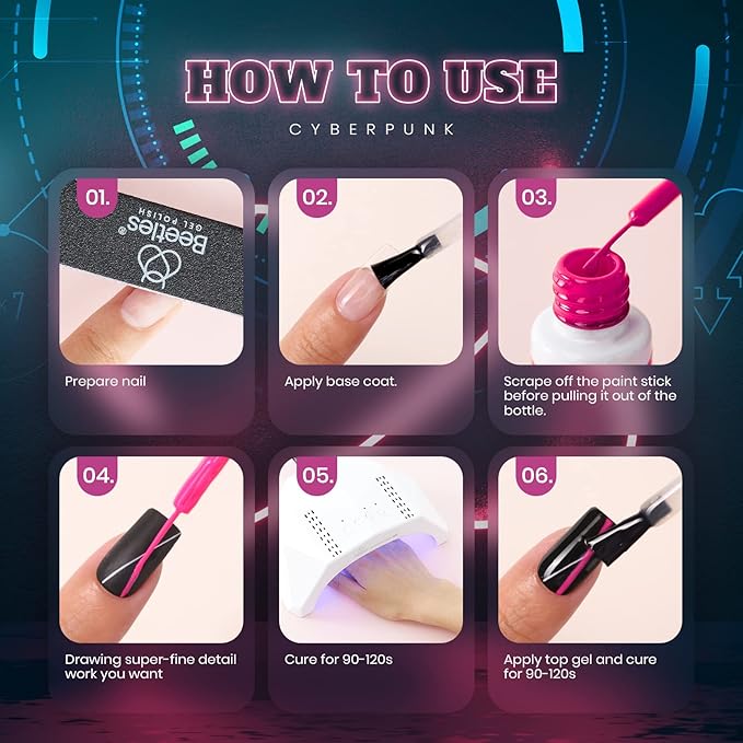 Beetles Gel Liner Nail Polish, 6 Colors Nail Art Paint for Swirl Nails Neon Blue Hot Pink Sliver Glitter Gel Polish Cyberpunk's Futurism Built Thin Nails Art Pens Brush