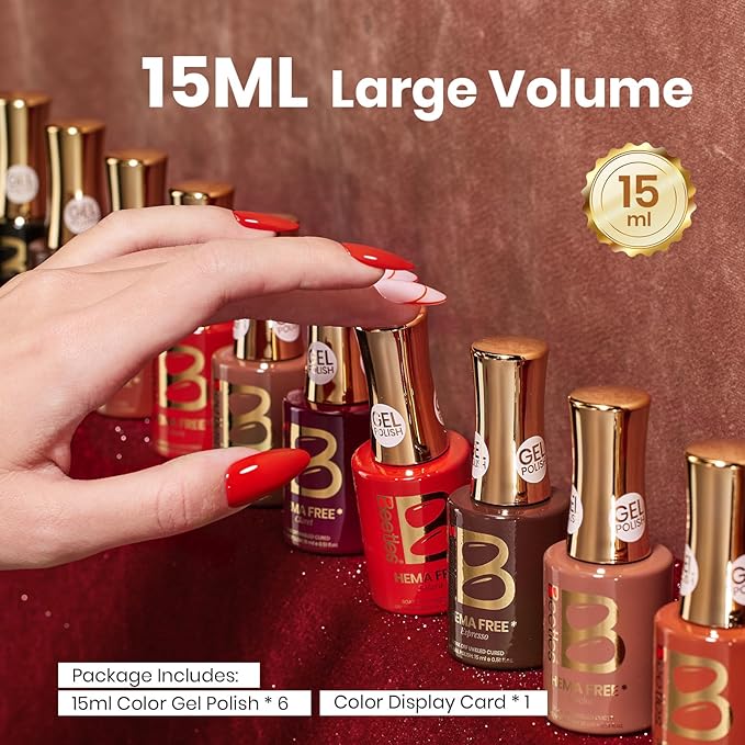 beetles Brown Gel Polish Set - Midnight Serenity HEMA-Free Gel Polish Set, 6 Colors 15ml Mocha Brown Wine Plum Shades, Salon-Quality Long Lasting Soak Off UV LED Nail Gel with Swatch Card