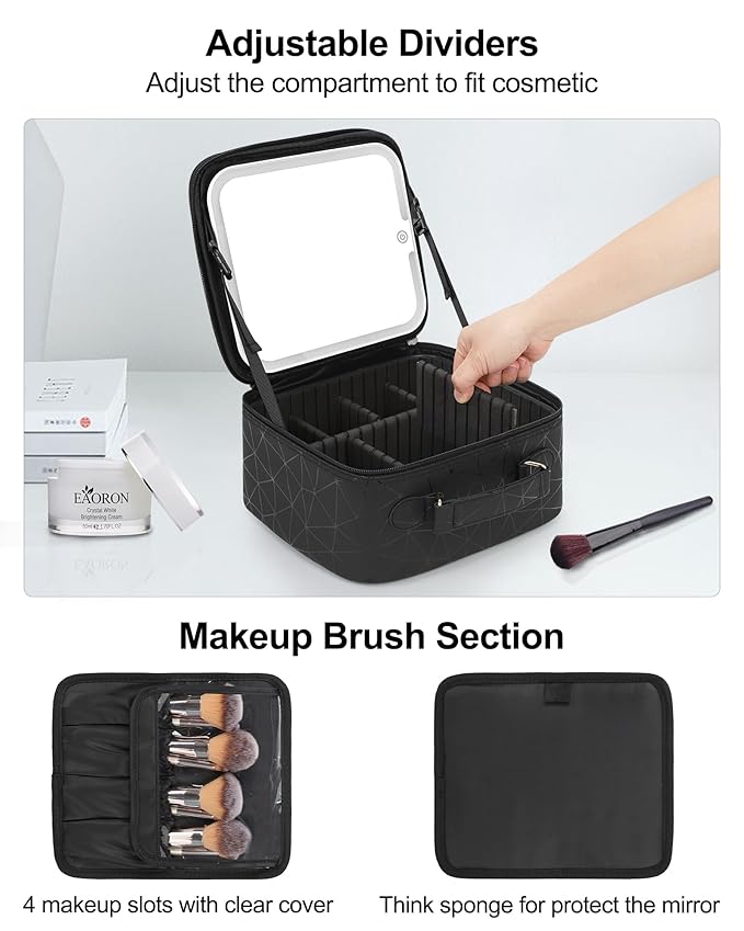 Relavel Travel Makeup Bag With LED Mirror for Women, Cosmetic Organizer Bag with Adjustable Brightness in 3 Color Scenarios, Detachable Dividers, Waterproof Train Case for Daily - Black Strip