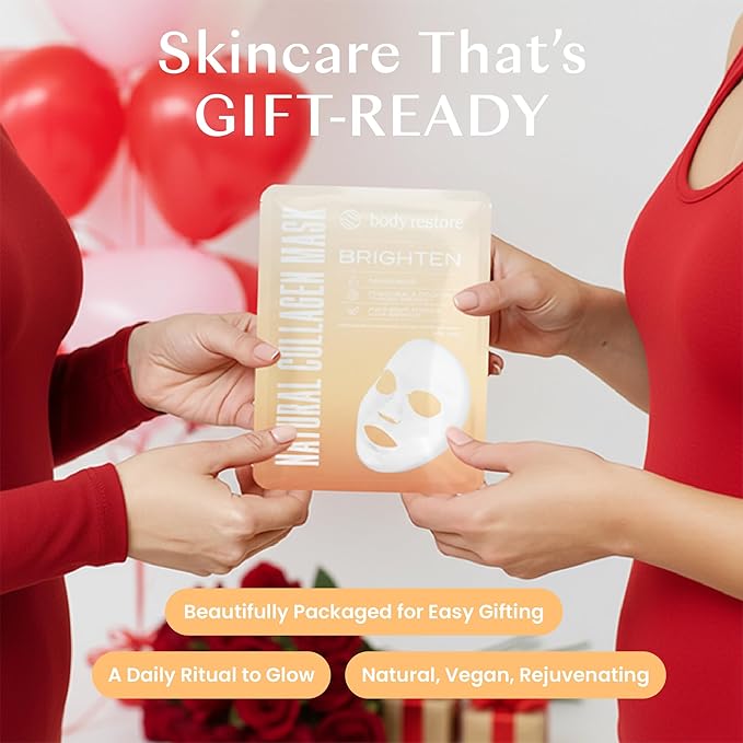 Body Restore Natural Collagen Face Mask 5 Pack – Valentines Day Gifts for Her and Him, Korean Skin Care Mask with Fermented Coconut Water, Birthday Gifts for Women & Men, Dry Skin – Glow