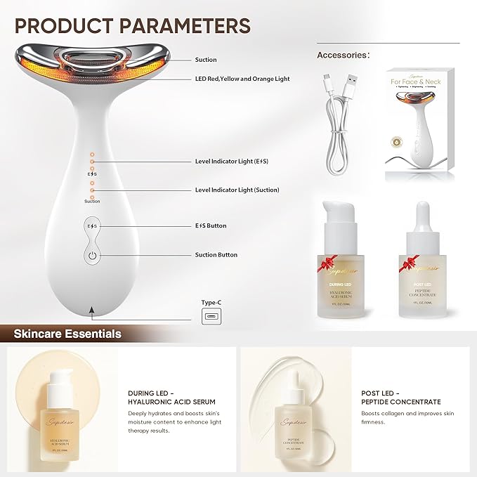 3-in-1 for Aurora Red Light for Face & Neck Beauty Massager, with Suction, Vibration, Heat, 3 Light Therapies for Skin Glow, Face Lift, Neck Firm, White