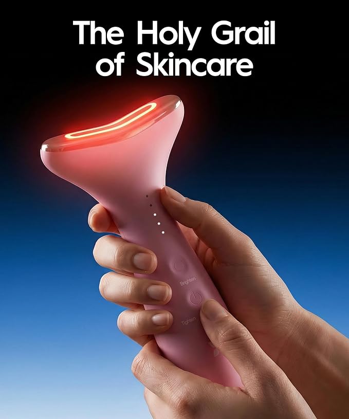 REVO Genie | 3-in-1 Face & Neck Beauty Massager with Heat, 3 Light Therapies, Smart Vibration | Red Light, Blue Light, Green Light Therapy for Smooth Glowing Skin - Pink Pearl