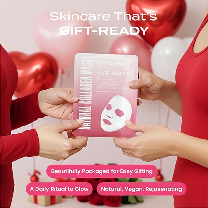 Body Restore Natural Collagen Face Mask 5 Pack – Valentines Day Gifts for Her and Him, Korean Skin Care Mask with Fermented Coconut Water, Birthday Gifts for Women & Men, Dry Skin – Anti-Aging