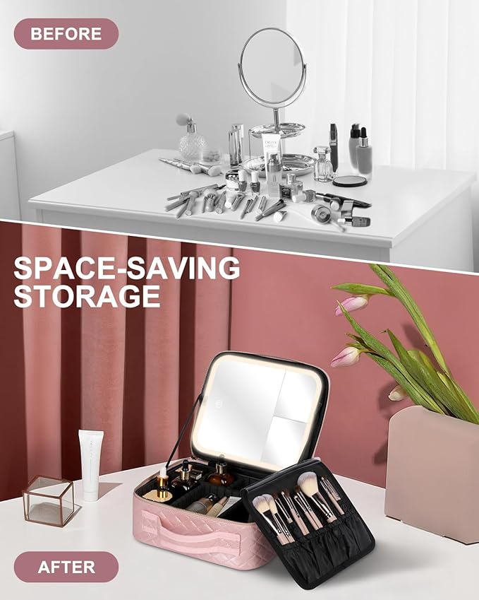 Makeup Bag with LED Lighted Mirror| Portable Makeup Organizer Train Case with 2X/3X Magnification & 3 Color Lights for Precision, Adjustable Brightness| Elegant Gift Packaging, Pink