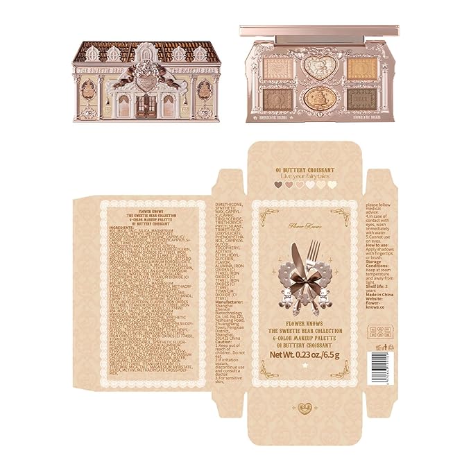 Flower Knows The Sweetie Bear Collection 6-Color Makeup Palette,Brown Eyeshadow Palette with 4 Matte + 2 Shimmer Shades,Blendable Smooth Cute Make Up,0.23 Oz(01 Buttery Croissant)