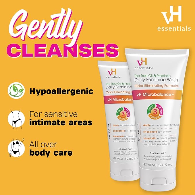 AmLactin Daily Moisturizing Lotion for Dry Skin – 7.9 oz Pump Bottle – 2-in-1 Exfoliator - Body Lotion with 12% Lactic Acid (Packaging May Vary) and vH essentials, Ph Balanced Daily Feminine Wash, Tea Tree Oil & Prebiotic, 6, Fl Oz, (Pack Of 1) 54306 C...