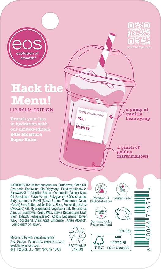 eos 24H Moisture Super Balm - Marshmallow Fluff, Lip mask, Moisturizing, Lip Treatment, Limited-Edition Skincare, 0.35 fl oz (Pack of 2)