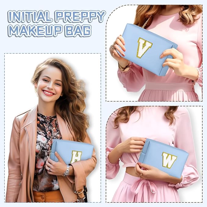 TOPEAST Preppy Small Makeup Bag, Chenille Letter Pouch Cosmetic Bag With Zipper, PU Leather Waterproof Toiletry Bag, Personalized Birthday Gift for Women, Cute Stuff for Girls (Sky Blue D)