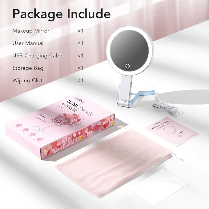 LitBear Travel Makeup Mirror with Lights, Rechargeable Double-Sided 10X/1X Magnifying Mirror, Portable Lighted Beauty Mirrors, 3 Color Lighting, Dimmable Touch Screen, Tabletop Handhold Hanging (Blue)