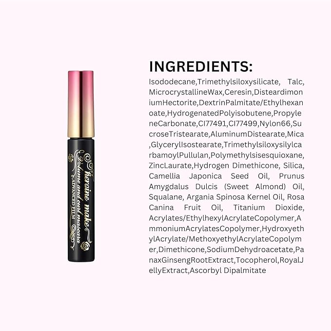 HEROINE MAKE by KISSME Tubing Mascara Waterproof & Long-lasting, Waterproof Mascara Black for Volumizing & Curl with Curvy Brush Advanced Film, 6 Natural Serums for Sensitive Skin, Made in Japan 2 EA