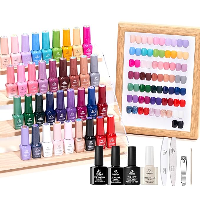 beetles Gel Polish Shifting Lights - Gel Nail Polish Set Brown Burgundy Red Black White Green Purple Glitter 36 Colors with Base Coat Glossy Matte Glitter Top Coat UV LED Soak Off Gift for Women