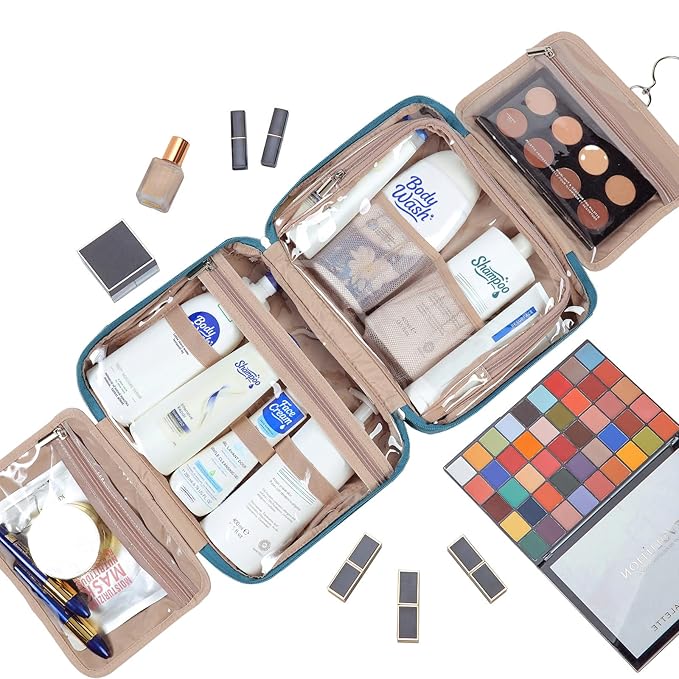 NISHEL Travel Toiletry Bag for Women, Makeup Essentials Organizer, Hanging Case for Accessories, Cosmetics, Large Size, Lake-Blue