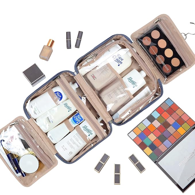 NISHEL Travel Toiletry Bag for Women, Makeup Essentials Organizer, Hanging Case for Accessories, Cosmetics, Large Size, Aegean-Blue