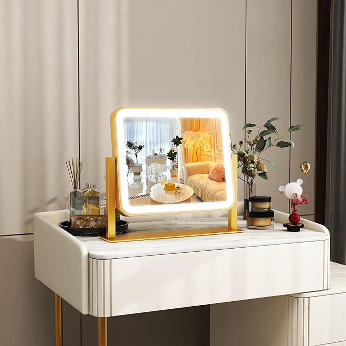 ROLOVE Gold Vanity Mirror with Lights, 14"×12" LED Makeup Mirror, Lighted Makeup Mirror with Lights, Smart Touch Control 3 Colors Dimmable, Lighted Up Mirror for Makeup Desk, 360° Rotation