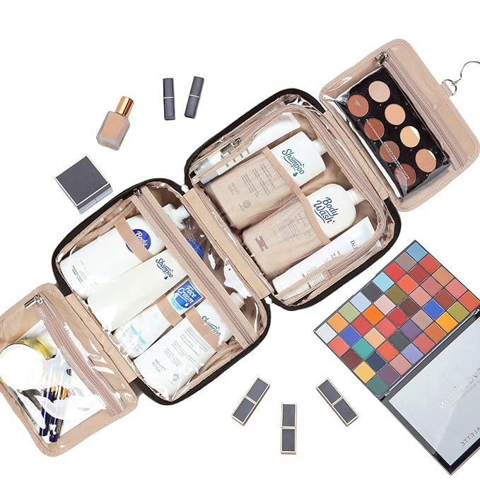 NISHEL Travel Toiletry Bag for Women, Makeup Essentials Organizer, Hanging Case for Accessories, Cosmetics, Large Size, Black