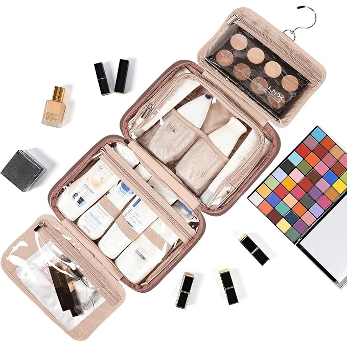 NISHEL Travel Toiletry Bag for Women, Makeup Essentials Organizer, Hanging Case for Accessories, Cosmetics, Medium Size, Rosewood-Pink