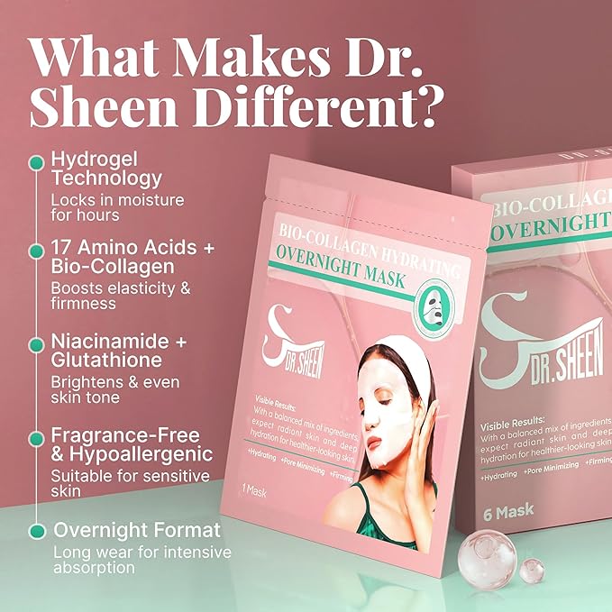 Bio Collagen Face Mask Overnight, 6 Pack – Hydrogel Korean Face Masks, Hydrating Collagen Mask for All Skin Types, Anti-Aging Face Masks Skincare, Deep Moisturizing, Improves Elasticity & Radiance