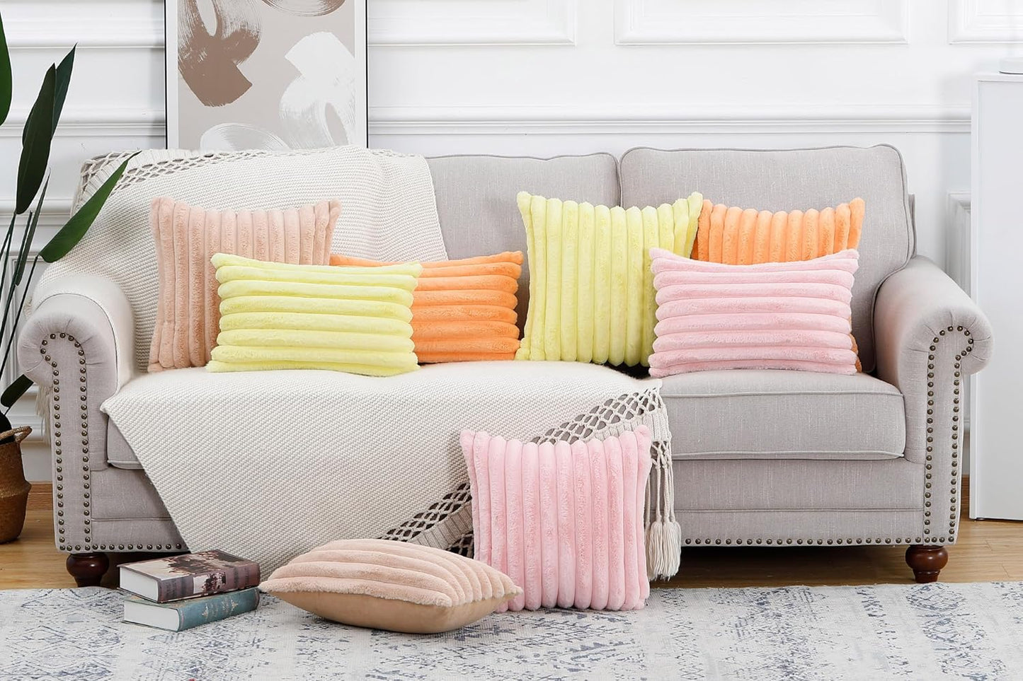 MADIZZ Set of 2 Faux Wool Plush Decorative Throw Pillow Covers 26x26 Inch Yellow Fluffy Striped Soft Decorative Cushion Cover for Sofa Bedroom Pillow Shell