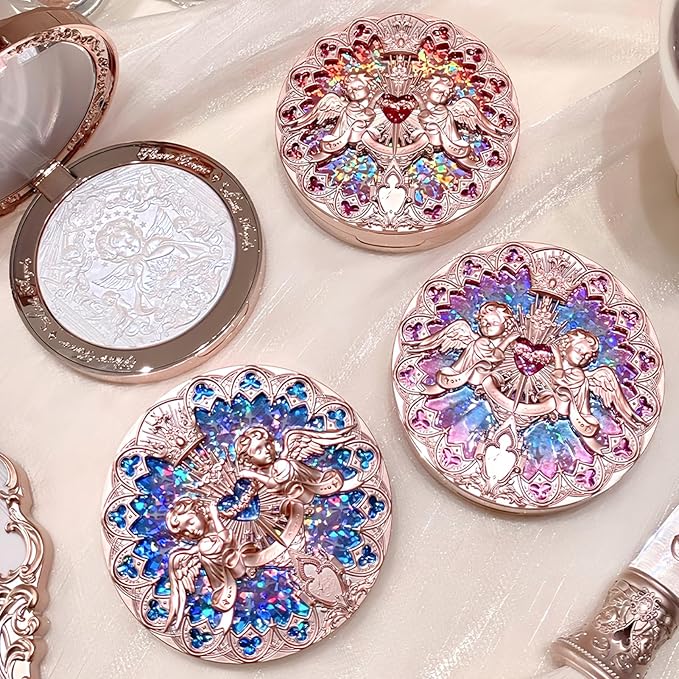 Flower Knows Little Angel Embossed Highlighter- Rose Champagne Highlighter Powder,Warm Rose Gold,Pearly Shimmer,Long-Lasting Radiant Dewy Glow,Feather-Light, Luxurious Velvet Finish(L02 Paradise Lost)