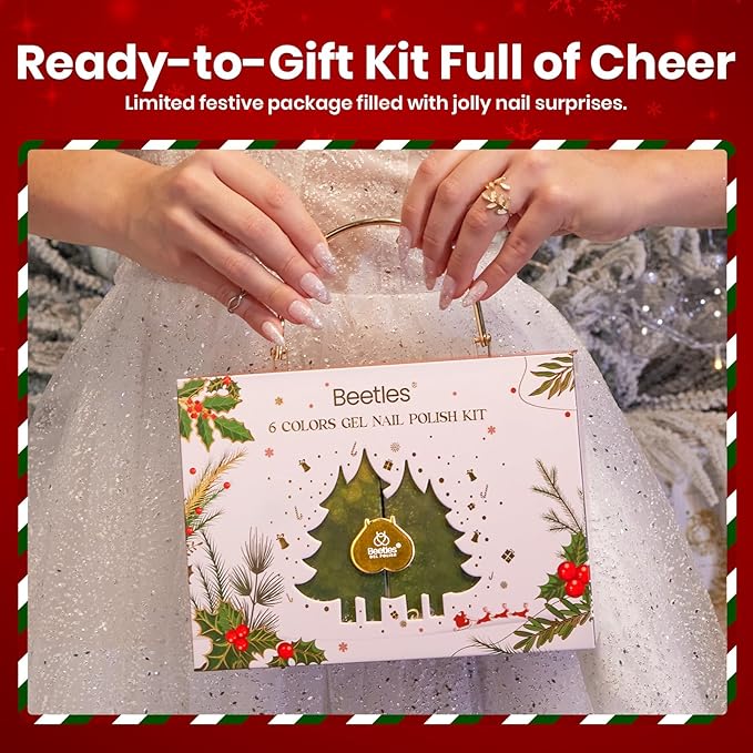 Beetles 27Pcs Gel Nail Polish Kit with U V Light -6 Colors Valentine Gel Nail Polish Set Red Jelly Cat Eye Glitter Gold Merry Glitz Set Soak Off Home Salon DIY Manicure Set Gifts for Women Teen Girls