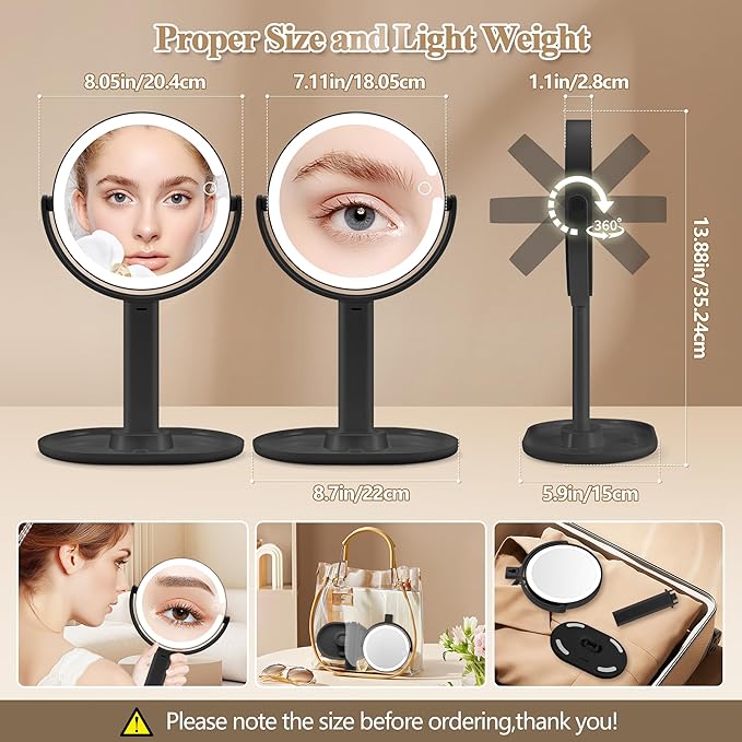 Makeup Mirror with Lights, Double Sided 1x/30x Magnifying Mirror with Light, Rechargeable 3 Color Lights and Adjustable Brightness, 360° Rotation Detachable Comes with Tweezer(Black)