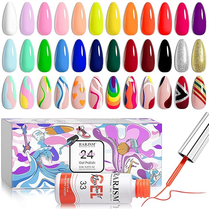 RARJSM Nail Art Gel Liner 24 Color Line Art Painted Gel Nail Polish Set Pink Blue Green Silver Gold Glitter for Nails Painting Drawing Soak Off U V L E D Curing Requires Bulid in Thin Nail Art Brush
