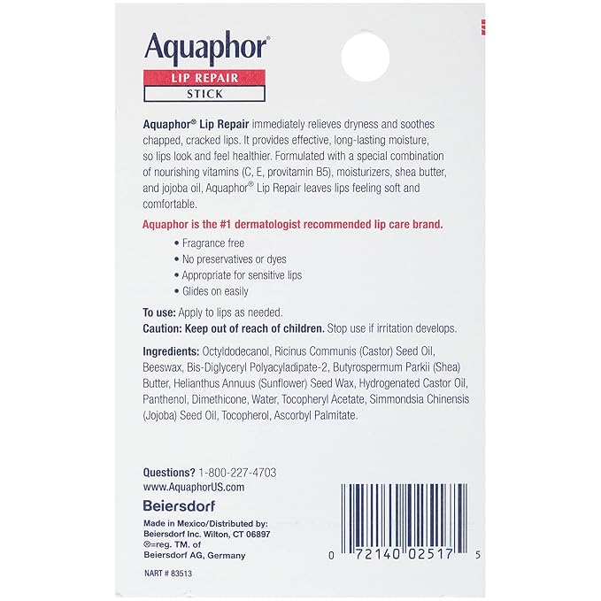 Aquaphor Lip Repair Stick with Jojoba Oil and Shea Butter, Moisturizing Lip Balms, Fragrance Free and Paraben Free, Holiday Gifts for Self Care, 0.17 Oz Stick, Pack of 4