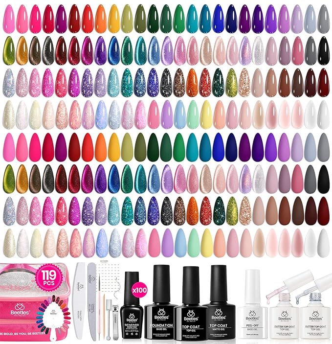 Beetles Nail Nook Gel Nail Polish Set - 119 PCS 100 Colors Gel Polish Kit Base Glossy Matte Glitter Top Coat Glitter Pearl Cat Eye White Red Pink Nude Uv Led Nails Easter Gift for Women